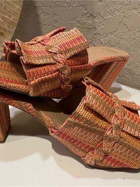 Crown & Ivy Woven Multi-Color Braided Strap Block Heel Sandals